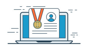 Lineart Flat e-learning website hero image vector illustration. Online education knowledge concept. Laptop, profile of school studding graduation certificate, first place medal on screen.