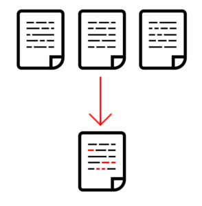 Diagrama do plágio. O diagrama é composto pelo desenho de três folhas de papel com texto, uma lado da outra, seguido abaixo por uma seta vermelha que apontando para uma folha de papel com texto em que alguns trechos estão destacados em vermelho. Diagrama do plágio. O diagrama é composto pelo desenho de três folhas de papel com texto, uma lado da outra, seguido abaixo por uma seta vermelha que apontando para uma folha de papel com texto em que alguns trechos estão destacados em vermelho.