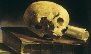 Pintura de John N. Rhodes chamada "Study of a Skull, a Book and a Scroll of Paper" que mostra um crânio humano apoiado em um papel enrolado sobre um livro de capa marrom com a lombada desgastada, de forma que é possível ver as costuras. Pintura de John N. Rhodes chamada "Study of a Skull, a Book and a Scroll of Paper" que mostra um crânio humano apoiado em um papel enrolado sobre um livro de capa marrom com a lombada desgastada, de forma que é possível ver as costuras.