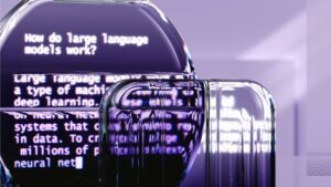 Imagem gerada pelo Google DeepMind. A imagem possui um fundo roxo e é possível ler "How do large language models work?" com uma breve descrição abaixo. Imagem gerada pelo Google DeepMind. A imagem possui um fundo roxo e é possível ler "How do large language models work?" com uma breve descrição abaixo.